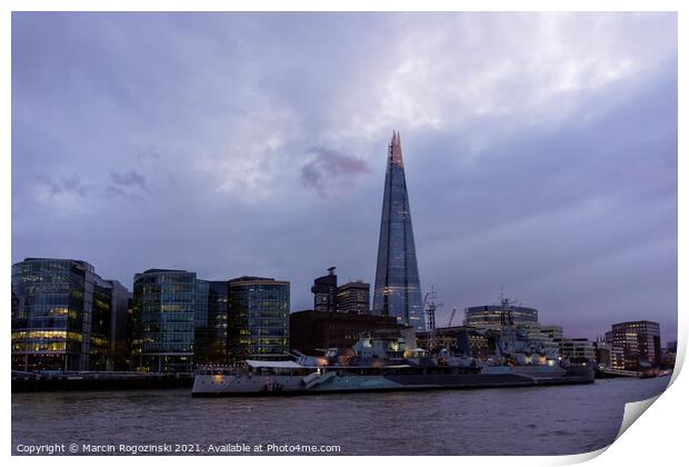 The Shard skyscraper on South Bank of River Thames at dusk in London Print by Marcin Rogozinski