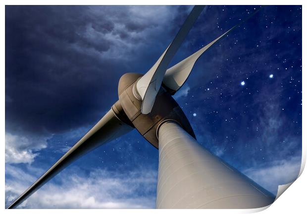 Wind turbine and stars Print by Leighton Collins