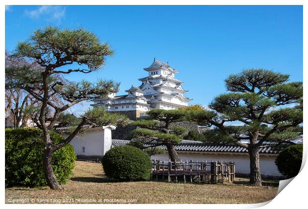Landscape view of the main tower of Himeji Castle on the hillsid Print by Yann Tang