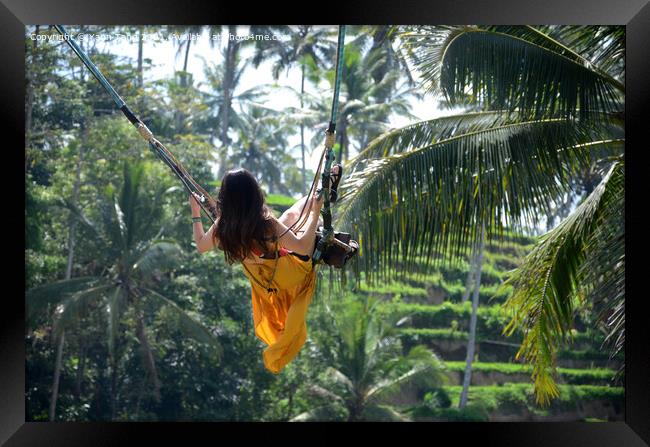 Young woman swinging in the jungle rainforest of Bali, Indonesia Framed Print by Yann Tang