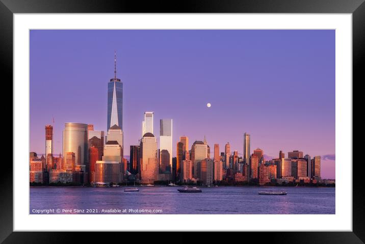 Full Moon Rising Over Lower Manhattan at Sunset Framed Mounted Print by Pere Sanz