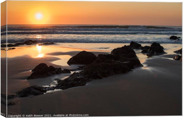 Sunset and rocks Croyde Bay Devon Canvas Print by Keith Bowser