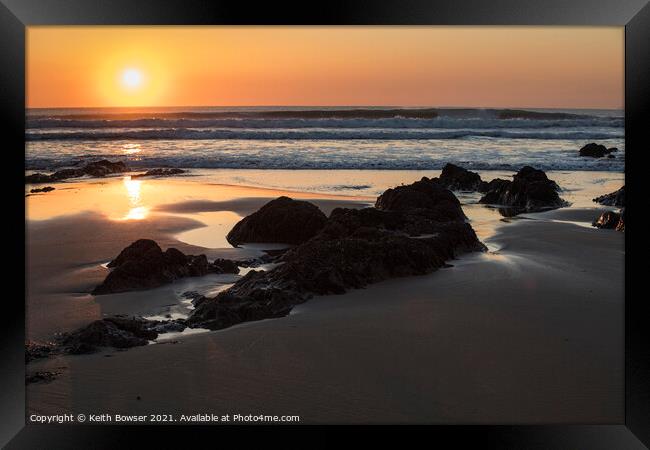 Sunset and rocks Croyde Bay Devon Framed Print by Keith Bowser
