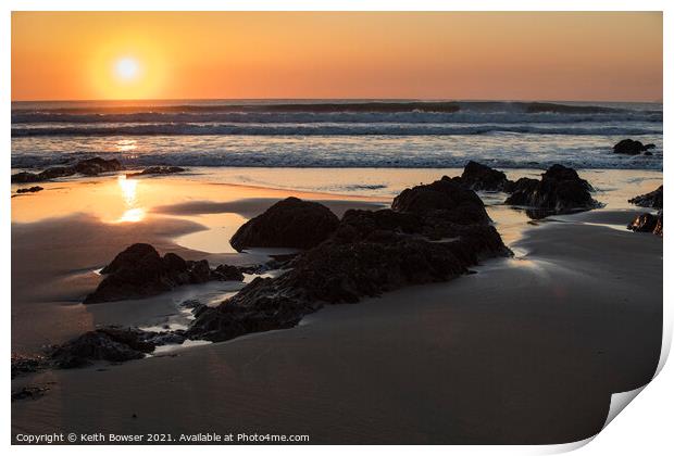 Sunset and rocks Croyde Bay Devon Print by Keith Bowser