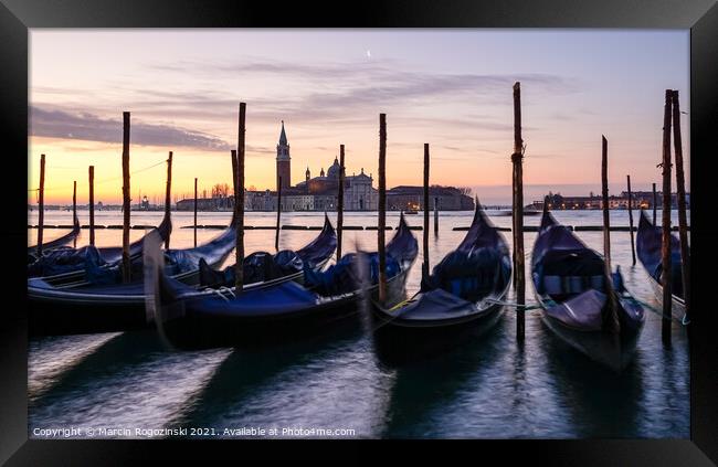 Venetian gondolas at sunrise in Venice Italy Framed Print by Marcin Rogozinski
