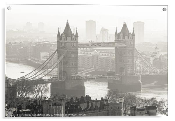 Tower Bridge on a foggy morning in London Acrylic by Marcin Rogozinski