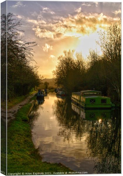 Sunset at the canal, Wiltshire,England  Canvas Print by Arion Espinola