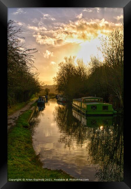 Sunset at the canal, Wiltshire,England  Framed Print by Arion Espinola