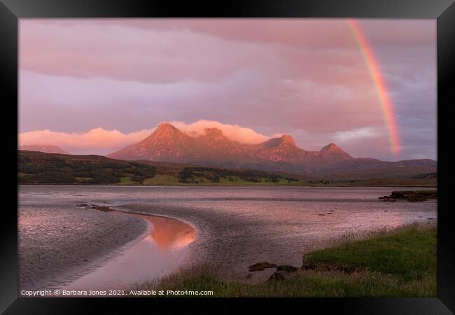 Ben Loyal Sunset and Rainbow Scotland Framed Print by Barbara Jones