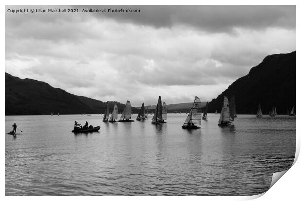 Yachts on on the  Ullswater lake.  Print by Lilian Marshall