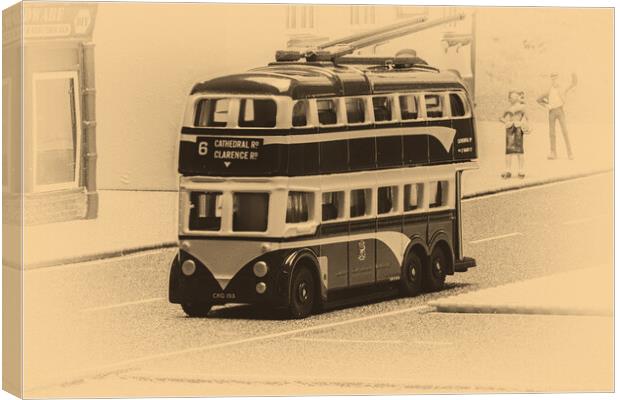 Catch The Trolley Bus Sepia Canvas Print by Steve Purnell