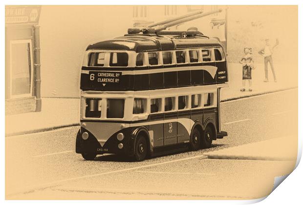 Catch The Trolley Bus Sepia Print by Steve Purnell