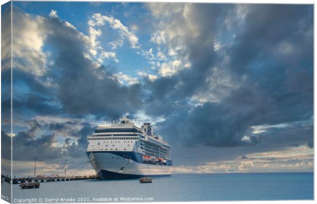 Blue and White Cruise Ship Docked Under Dramatic Sky Canvas Print by Darryl Brooks