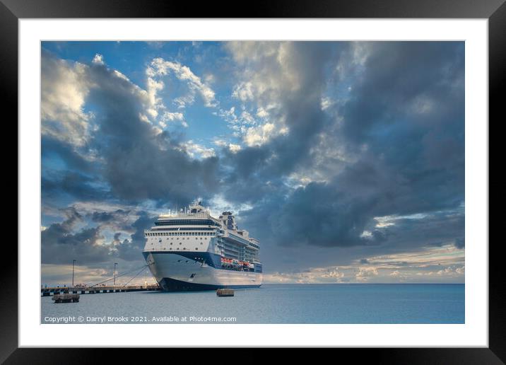 Blue and White Cruise Ship Docked Under Dramatic Sky Framed Mounted Print by Darryl Brooks