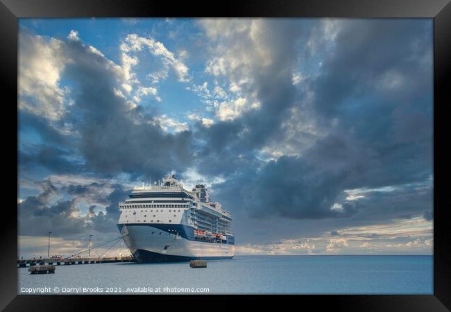 Blue and White Cruise Ship Docked Under Dramatic Sky Framed Print by Darryl Brooks