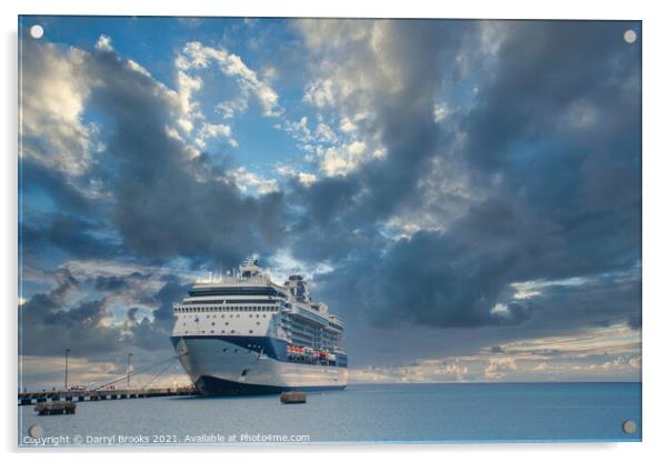 Blue and White Cruise Ship Docked Under Dramatic Sky Acrylic by Darryl Brooks