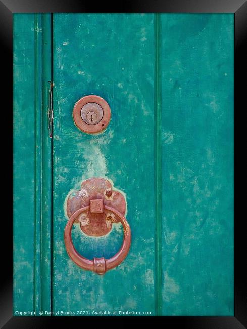 Brass Lock and Knocker on Old Green Door Framed Print by Darryl Brooks