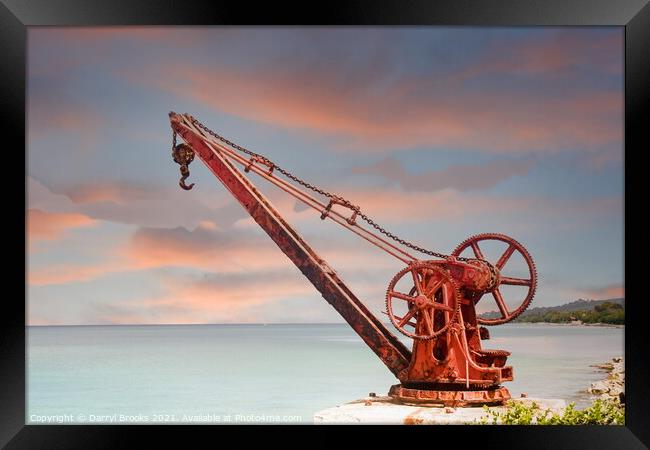 Old Red Rusty Crane on Shore at Dusk Framed Print by Darryl Brooks
