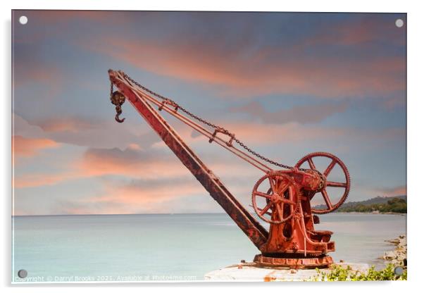 Old Red Rusty Crane on Shore at Dusk Acrylic by Darryl Brooks
