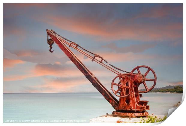 Old Red Rusty Crane on Shore at Dusk Print by Darryl Brooks