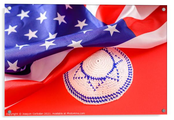 Jewish kipa under an American flag, isolated on red background Acrylic by Joaquin Corbalan