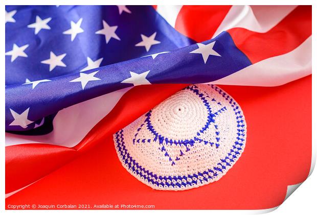 Jewish kipa under an American flag, isolated on red background Print by Joaquin Corbalan