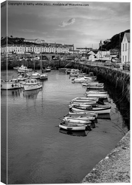  Porthleven Harbour black and white Canvas Print by kathy white