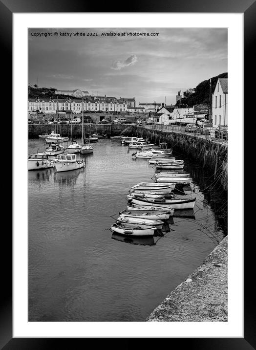  Porthleven Harbour black and white Framed Mounted Print by kathy white
