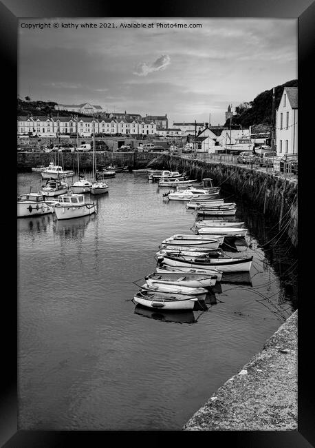  Porthleven Harbour black and white Framed Print by kathy white