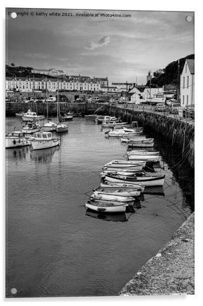 Porthleven Harbour black and white Acrylic by kathy white