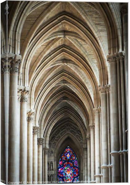 Inside cathedral at Reims France Canvas Print by Ann Biddlecombe