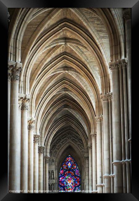 Inside cathedral at Reims France Framed Print by Ann Biddlecombe