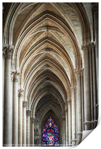 Inside cathedral at Reims France Print by Ann Biddlecombe