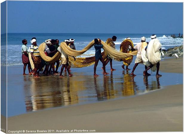 Bringing in the Nets, Fishermen on Black Beach, Va Canvas Print by Serena Bowles