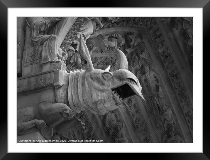 Rino gargoyle at Riems Notre Dame in monochrome Framed Mounted Print by Ann Biddlecombe
