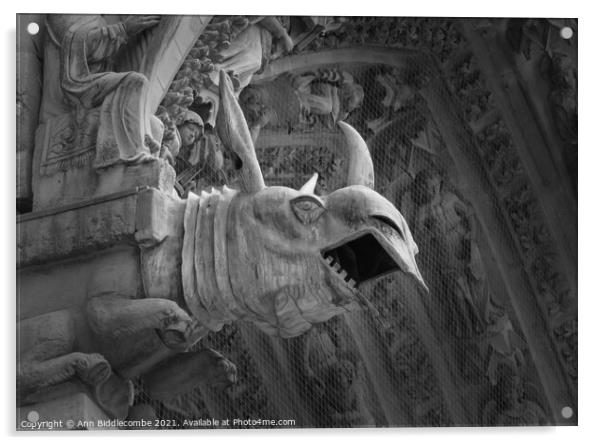 Rino gargoyle at Riems Notre Dame in monochrome Acrylic by Ann Biddlecombe