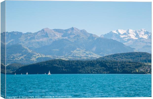 Swiss Thun lake and alps mountain Canvas Print by Sanga Park
