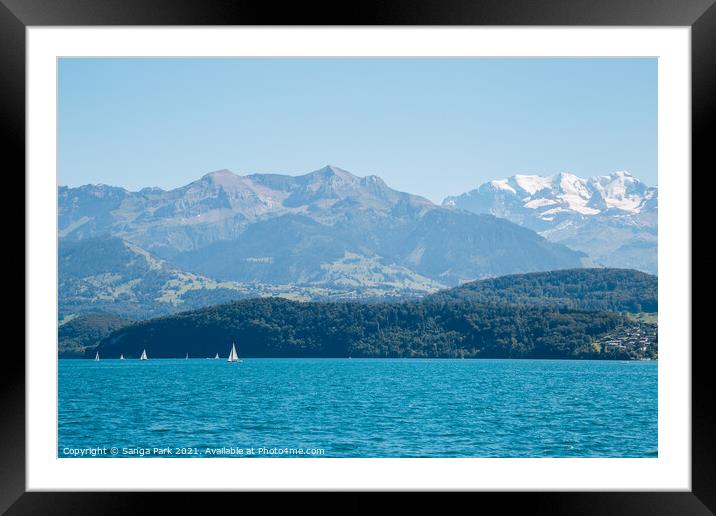 Swiss Thun lake and alps mountain Framed Mounted Print by Sanga Park