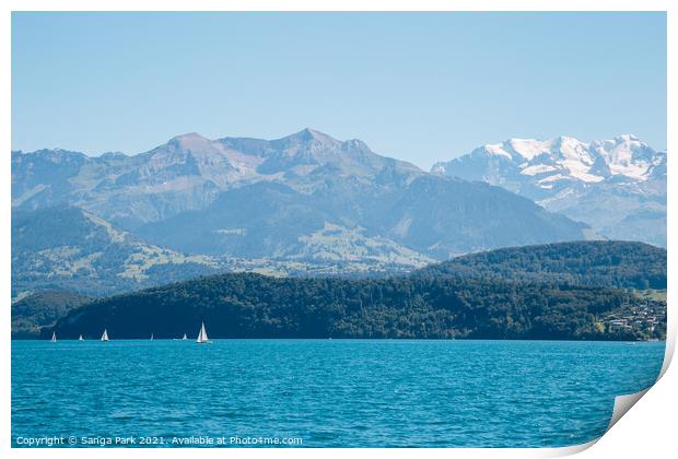 Swiss Thun lake and alps mountain Print by Sanga Park