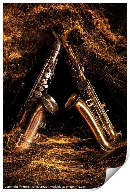 Alto Saxophones low light slow shutter speed light trails Print by Helen Jones