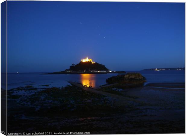 St Micheal's Mount Night Scene Cornwall  Canvas Print by Les Schofield