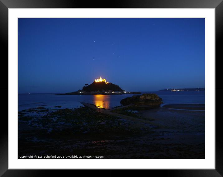 St Micheal's Mount Night Scene Cornwall  Framed Mounted Print by Les Schofield