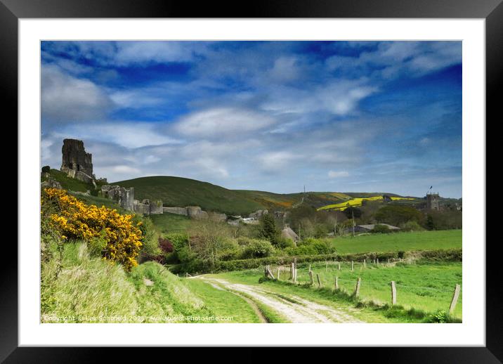 Corfe Castle and Village Dorset Framed Mounted Print by Les Schofield