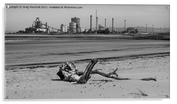 Redcar Steel works and a dead tree - mono beach sc Acrylic by Greg Marshall