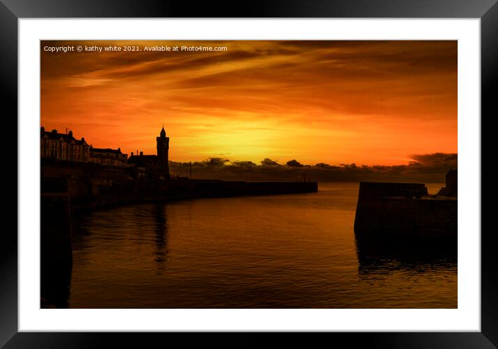 Porthleven Cornwall silhouette Sunset  Framed Mounted Print by kathy white