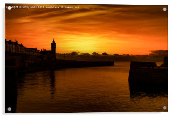 Porthleven Cornwall silhouette Sunset  Acrylic by kathy white