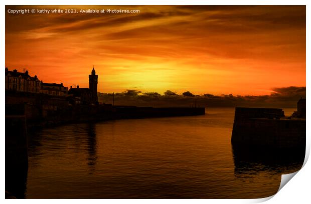 Porthleven Cornwall silhouette Sunset  Print by kathy white