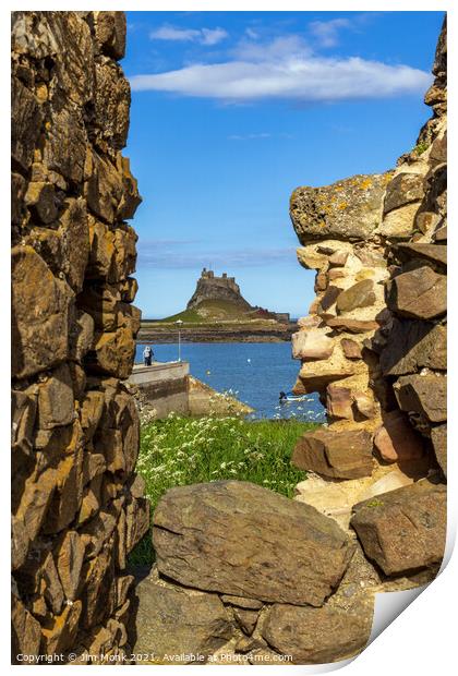 Lindisfarne Castle through the wall Print by Jim Monk