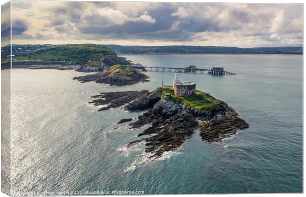 Mumbles Lighthouse, annd the Gower Coast. Canvas Print by Chris North