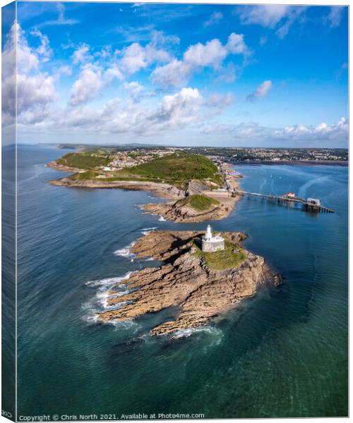 Mumbles Lighthouse, annd the Gower Coast. Canvas Print by Chris North